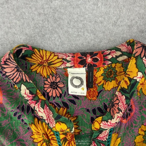 Akemi + Kin Floral Anthropologie Tunic Blouse‎ Green Yellow Floral Bloom Medium - Picture 3 of 13